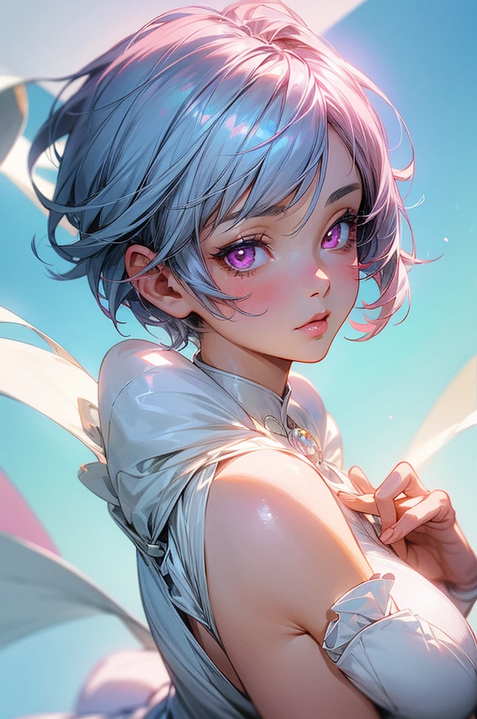 anime girl with short hair and ultra detailed pink eyes, anime art, perfect lighting tone, detailed eyes, perfect lips and beautiful, wears a beautiful dress in white and light blue colors (ultra drawing quality) (perfect details)