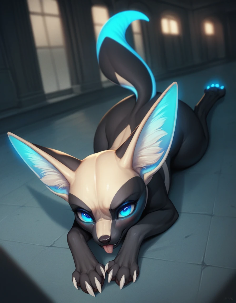 Solo, fennec, female, black body, feral, wide hips, in a reflective metal room, glowing blue ears, upset, embarrassed, tail to the side, ((Focus on his paws)), showing his tongue, with white tongue, beautiful dilated and detailed eyes, glowing blue eyes, shiny and soft skin, with a white collar, white claws, 4 toes, 4 fingers, at night, extremely detailed, lying down, Cinematic, legs open, glowing claws, no hair on the body