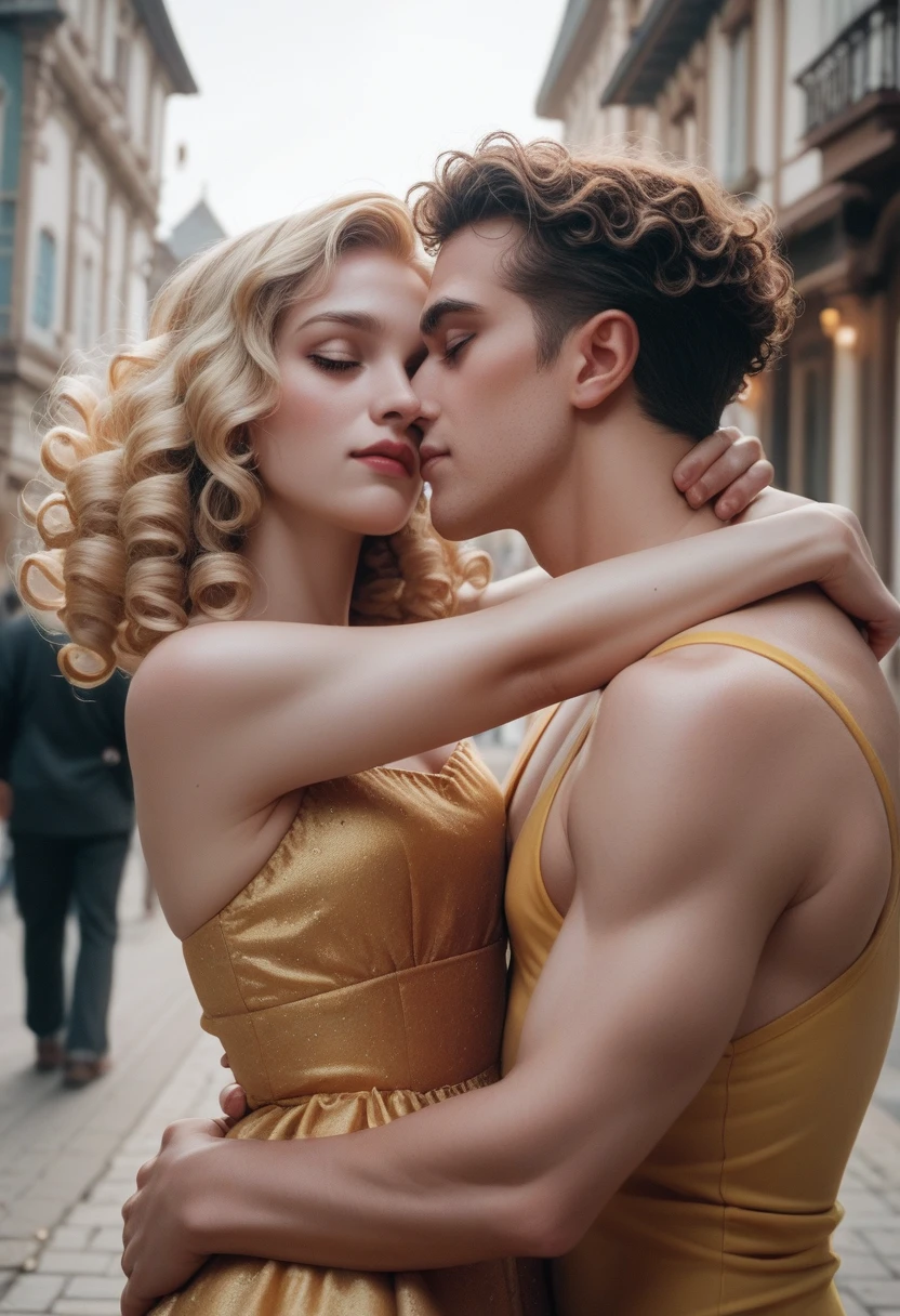 human Male , Caucasian skin,Haircut falling on the face, hair blonde, hugging a 16 year old girl, skin black, curly hair, maroon, wearing a yellow dress in the background a city full of illuminated houses, the night.