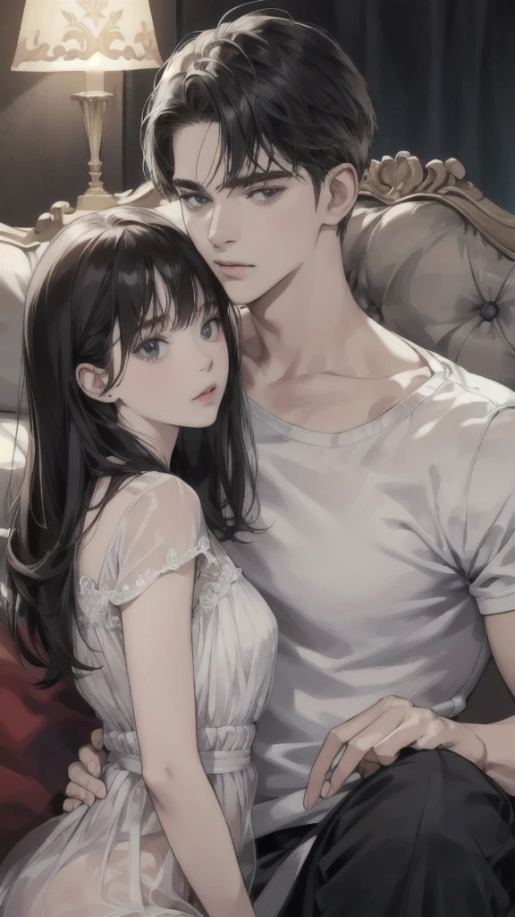 White Guy and White girl sitting in couch in apartment แมวหลายตัวผมสีดำ, โมเดลhigh resolution, Masterpiece, Anatomically correct, qualityที่ดีที่สุด, details, detailsสูง, quality, detailsมาก, high resolution,