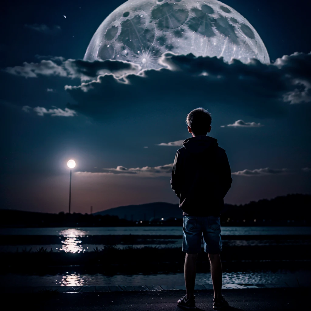 Alone boy in night see big moon in the front of him