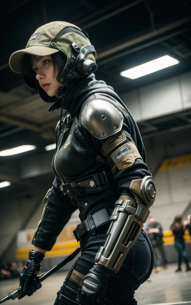Ultra-high resolution,High-resolution details,reality,Outstanding,Jean Giraud, Wasteland of Doom, (woman, techwear is stylish and extremely beautiful:1.4),White tight mecha (Intricate details, masterpiece, best quality:1.4) , nicholmory style, Dystopian style, desolate, After the apocalypse, depressed, drama, Very detailed content, Looking at the audience, Holding heavy weapons in both hands,Without helmet,No hat,Dynamic poses, Dynamic camera angles,