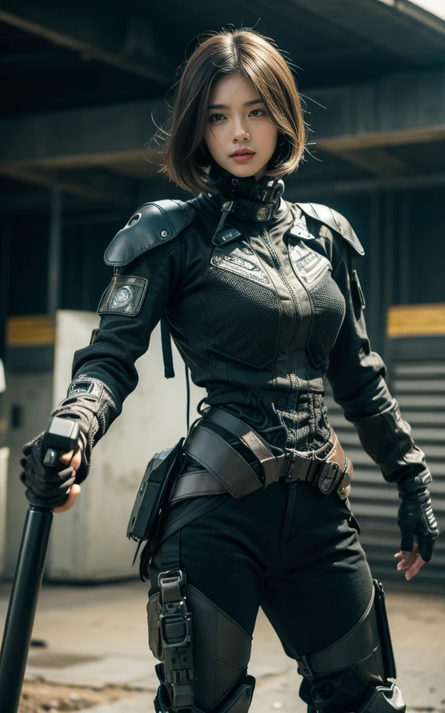Ultra-high resolution,High-resolution details,reality,Outstanding,Jean Giraud, Wasteland of Doom, (woman, techwear is stylish and extremely beautiful:1.4),White tight mecha (Intricate details, masterpiece, best quality:1.4) , nicholmory style, Dystopian style, desolate, After the apocalypse, depressed, drama, Very detailed content, Looking at the audience, Holding heavy weapons in both hands,Without helmet,No hat,Dynamic poses, Dynamic camera angles,
