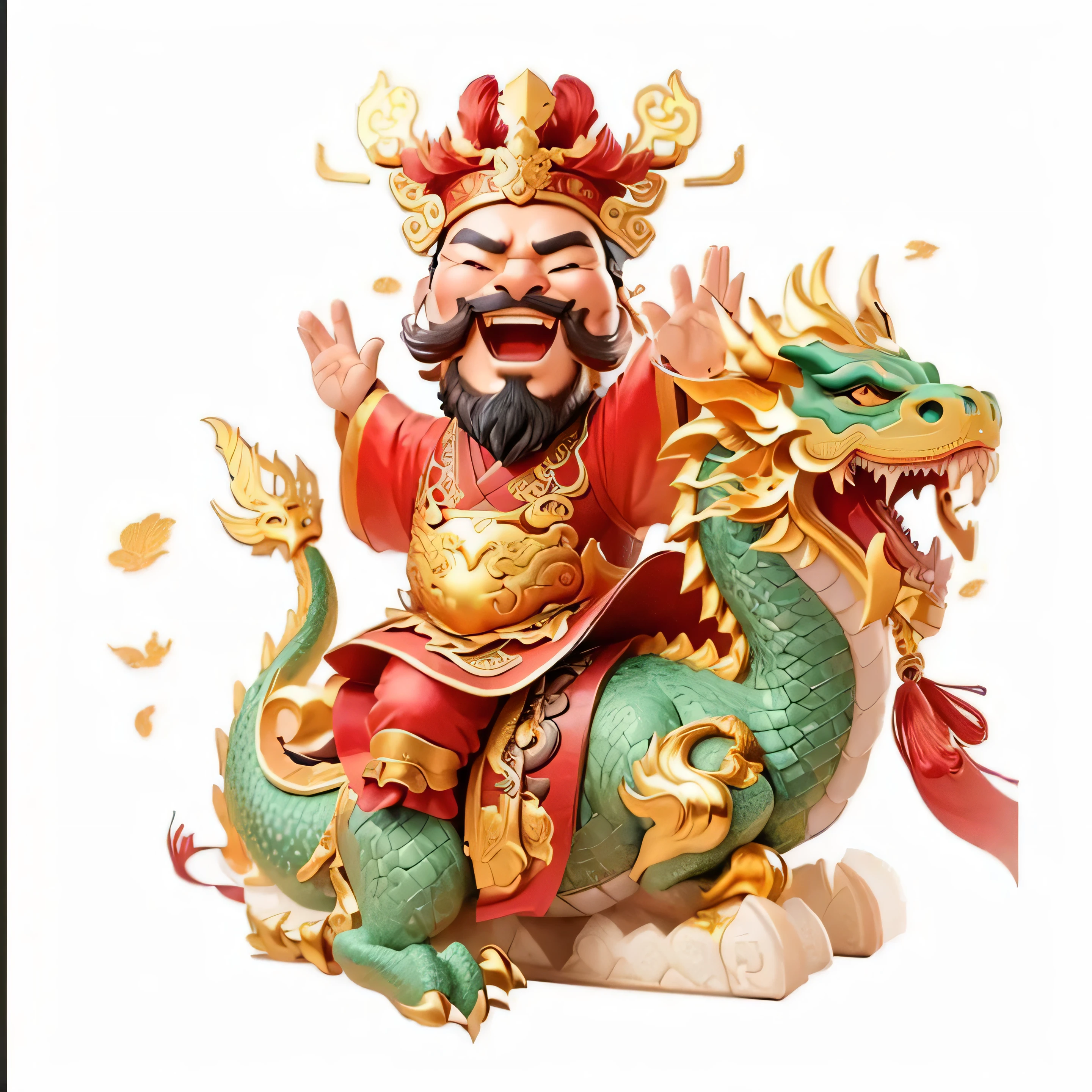 Close-up of a statue of a man riding a dragon, beginning with a laugh,happy, God of Wealth, dragon, guan yu, Inspired by Pu Hua, Fat Dragon and the Rider, hua cheng, Chinese dragon, Chinese Fantasy, Huanglongtou Festival, shui mo hua, Chinese Mythology, bian lian, smooth Chinese dragon, Inspired by Hu Zaobin, Chinese silk 3d dragon,gold,The characters are delicate and textured,Emotional