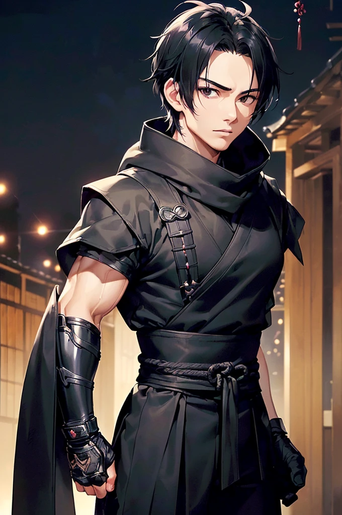 (((masterpiece; best quality: 1.2))), (finely detailed eyes: 1.3), ((1 young man)), ((solo)), (black eyes: 1.4), (body shape; lean, masculine: 1.3), (very short black hair: 1.3), (beautiful and clear background: 1.2), ((depth of field)), (equipment: black shinobi clothing + fully covered + black kimono + black pants + black scarf + black hood + black bracers + black fingerless gloves: 1.3), (anime illustration: 1.2), (background composition; old japanese mansion + night: 1.1), (extremely fine and handsome: 1.1), (shot composition; standing + centered on torso + close-up: 1.5), (facial expression; calm, stoic: 1.2)