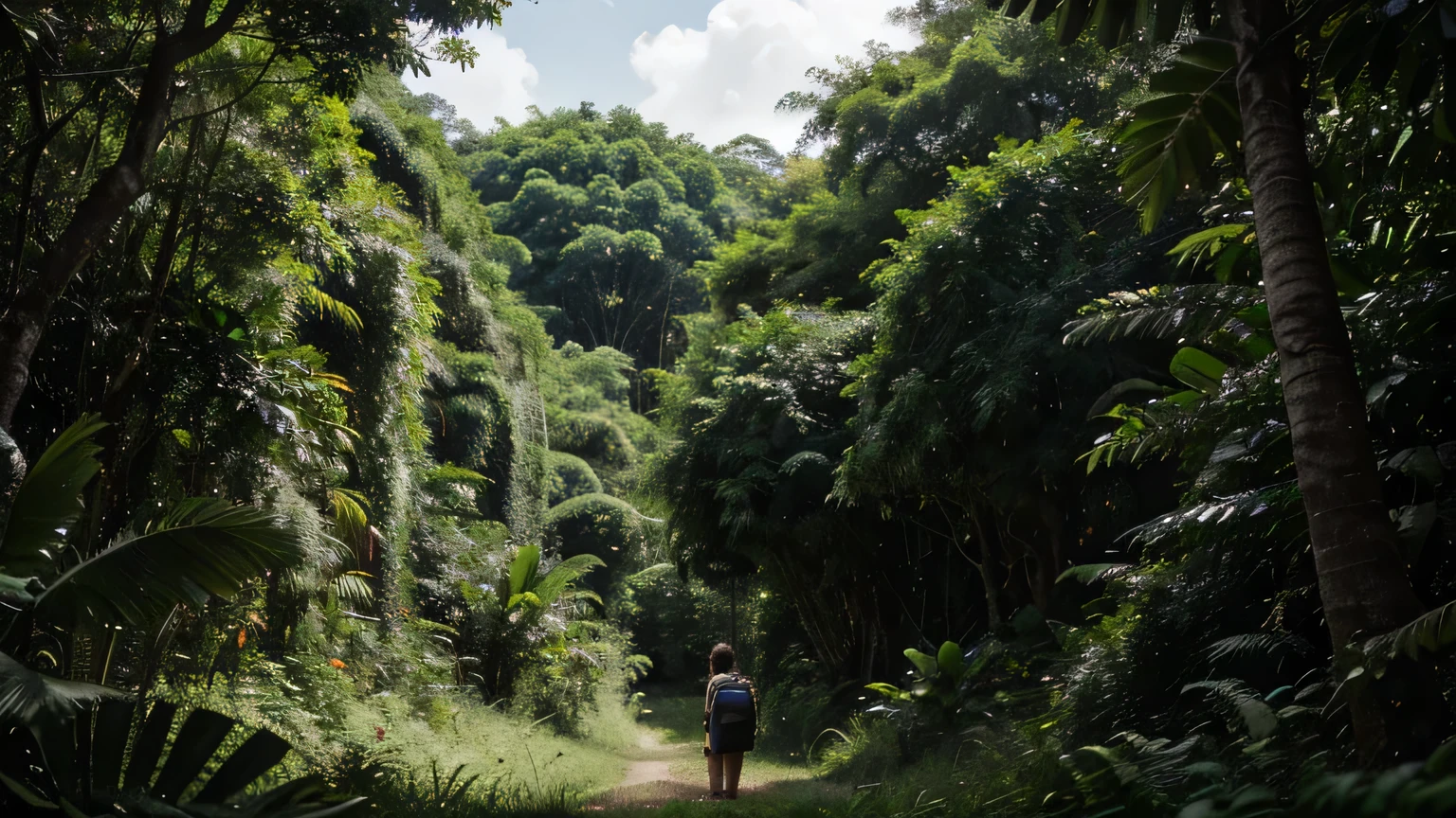 A wide shot of a vast prehistoric jungle, filled with towering trees and dense foliage. The lush greenery dominates the scene, . A young boy with short black hair carrying a black backpack stands amidst the scenery."