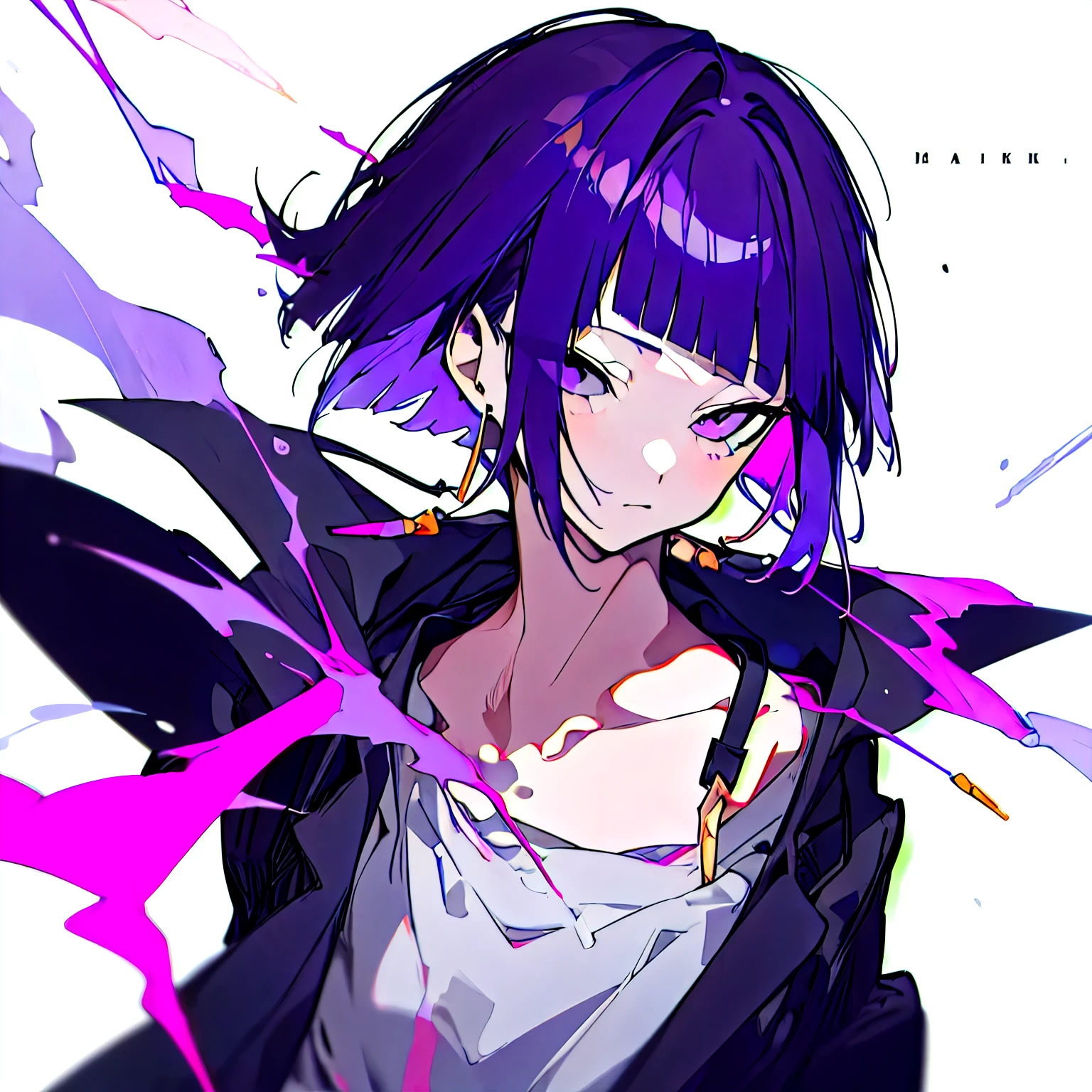 (Highest quality、masterpiece:1.2), ((Mature Woman)) Kyoka Jiro, One girl, alone, short hair, bangs, Simple Background, shirt, White Background, Purple eyes, clavicle, Upper Body, Purple Hair, Black jacket, blunt bangs, White lightning bolt mark in hair, 白いt-shirt,, Long earlobes 