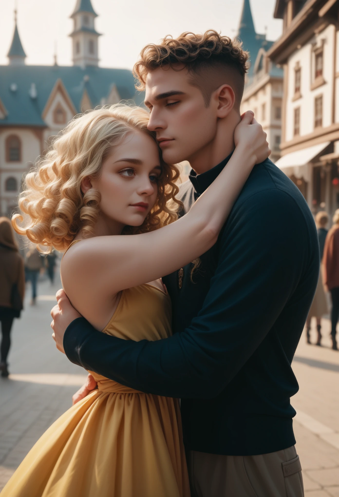 human Male  , Caucasian skin,Haircut falling on the face, hair blonde, hugging a 16 year old black, curly hair, maroon, wearing a yellow dress in the background a city full of illuminated houses, the night.