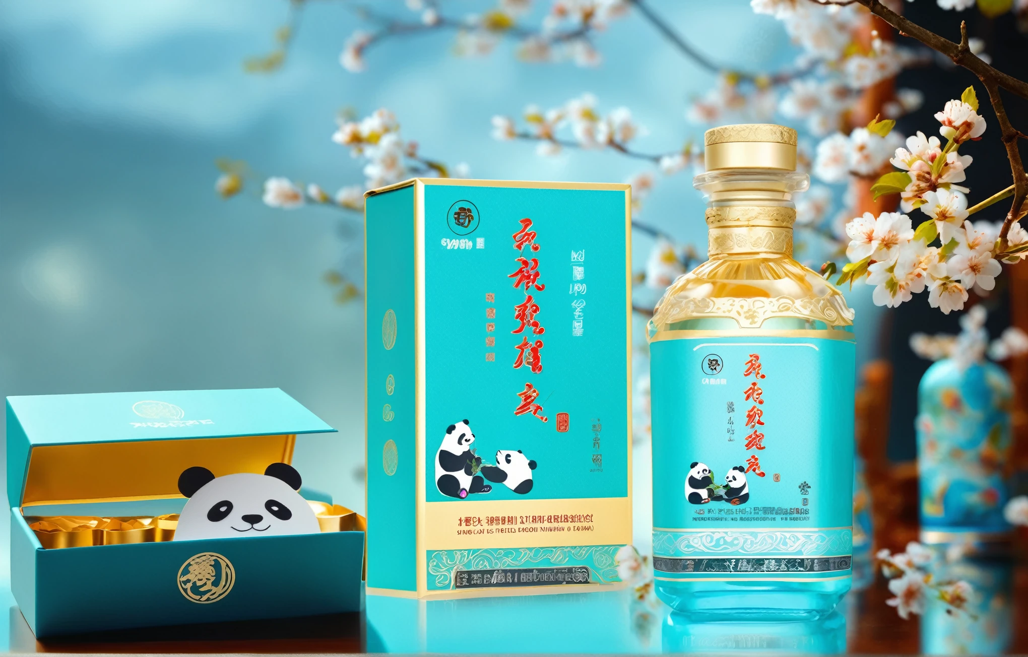 A bottle of light blue liquor with panda elements, packaging box and gift box in gold color on the table, surrounded by white cherry blossoms, light green background, light golden liquid inside, and black text "Kong Nai" written on it. The whole scene is presented as commercial photography, with a front view. High resolution, professional photograph in the style of ultra-high definition.