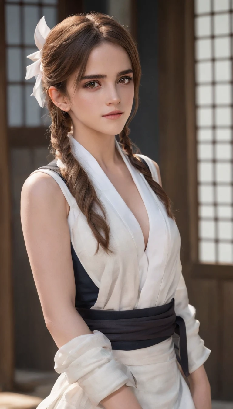(Emma Watson), Long hair, Brown hair, White ribbon, Sleeveless, poneyTail, sash, pelvis curtain, arm guards, mitts, tabi, fascinated expression, Sexy eyes, big breasts, Smile, Cute, view the viewer, Long hair, Close to Japan temple, (breasts focus:1.2), (Realistic:1.2), (Full Shot: 1.2), (Realism), (masutepiece:1.2), (Best Quality), (ultra-detailliert), (8K, 4K, Convoluted), (85 mm), light Particle, Lighting, (Highly detailed:1.2), (Detailed face:1.2), (gradients), SFV, Colorful, (Detailed eyes:1.2), (Detailed temples of Japan: 1.2),(Detailed background), (Dynamic Angle:1.2), (Dynamic Pose:1.2), (Line of action:1.2), Wide Shot, Daylight, Solo, tabi, Black Tabi Socks.