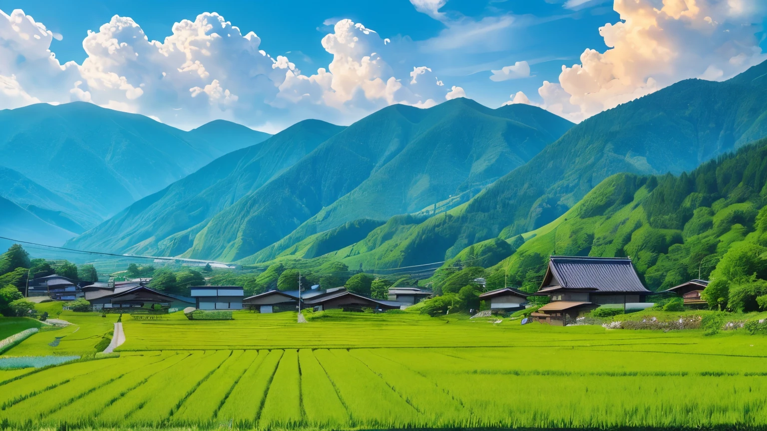 (masterpiece, best quality:1.2), Wide々Beautiful and clear Japanese mountain villages and rural landscapes, Midsummer, Blue sky, cumulonimbus, A single sunflower blooms,　Ultra-realistic photos, 