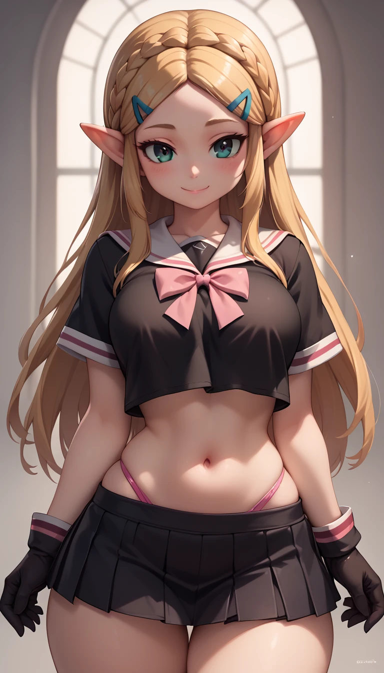 High resolution, Very detailed, perfect lighting, beautiful detailed eyes, ((masterpiece,Best Quality)), absurdities, alone, princess zelda, by the width, crown braid, Hair clip, pointy ears, Gloves without fingers, black gloves, smile, curves, nod, , deep neckline, deep neckline, black school uniform with white details,short skirt, visible underwear, pink thong, black uniform, black shirt with pink bow, touching her breasts in a sexy way, Close up, Primer plano frontal, touching her breasts in a sexy way 