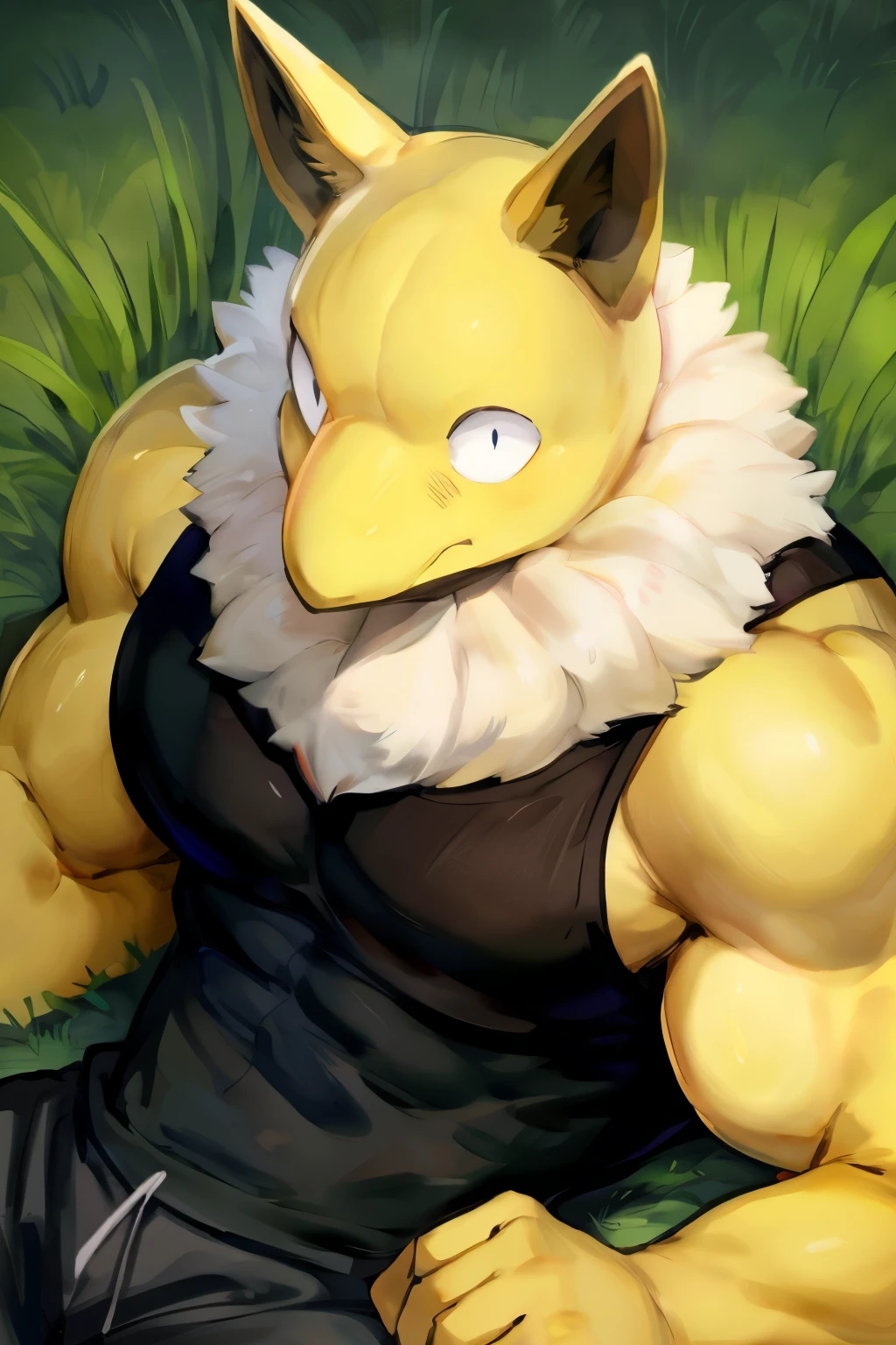 Furry, Anthro, solo, Hypno, Male, (((muscular body, massive thighs, massive male pectorals, fluffy neck, yellow skin, wearing black tanktop, wearing black sweatpants))), ((((massive biceps, laying on back, on grass)))), ((((((massive bulky torso, wide-eyed, head tilted, facing viewer)))))), meadow, grass, by buta99, by zackary911, by bebebebebe, (((digital painting)))
