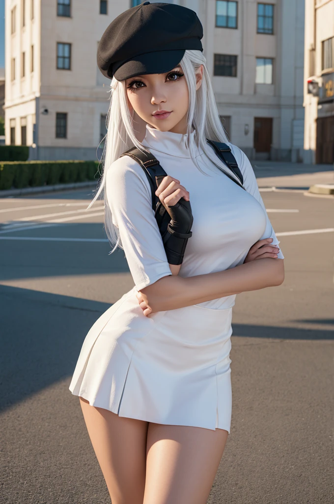 Girl in a short skirt and a hat, digital art by Artgerm, deviantart, conceptual art, alena aenami and artgerm, tifa lockhart with white hair, ashe from overwatch, pokemon trainer outfit, ig model | artgerm, irelia from league of legends, samira from league of legends, ashe, masterpiece, accirate, 8k, best quality, natural lighting