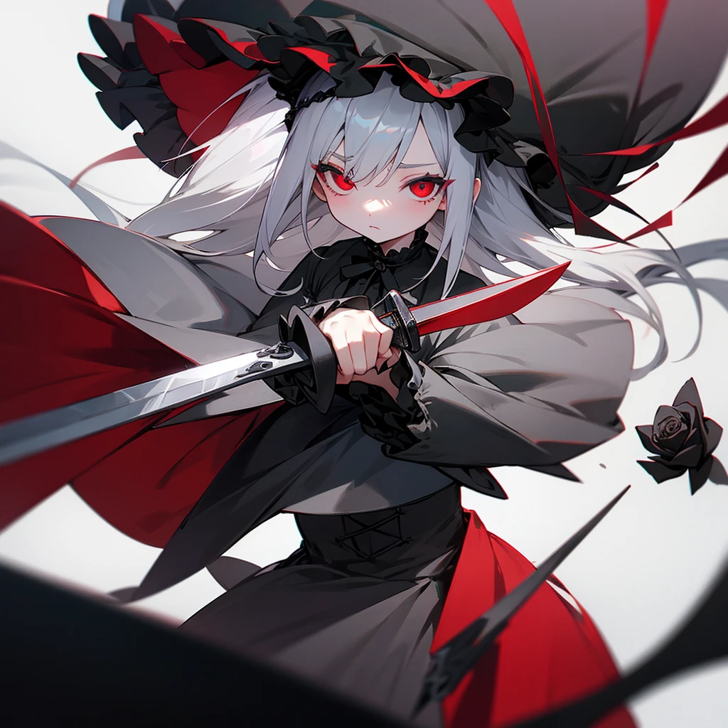 Gray Hair、girl、whole body、Drooping eyes、Black Gothic Lolita、Red eyes、Black and white rose、knife