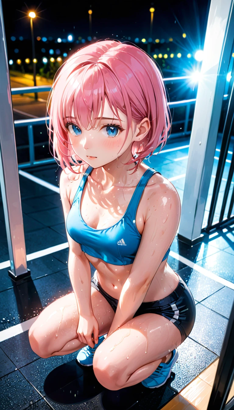 (1 girl),(Best Picture Quality, 8K, Masterpiece:1.3), (high school student:1.5), ((pink lob hair:1.1)), (bob cut),(swept bangs), (cute eyes, pupil black, iris skyblue, youthful face), (mole under right eye), (standard weight), (small breasts),(big hip), (glistening skin:1.1),(pale skin:1.2),(sweat),(squatting),(camisole, hot pants),(gym),(in the night),(portrait),((sweat:1.3)),(from above:1.2),(night).