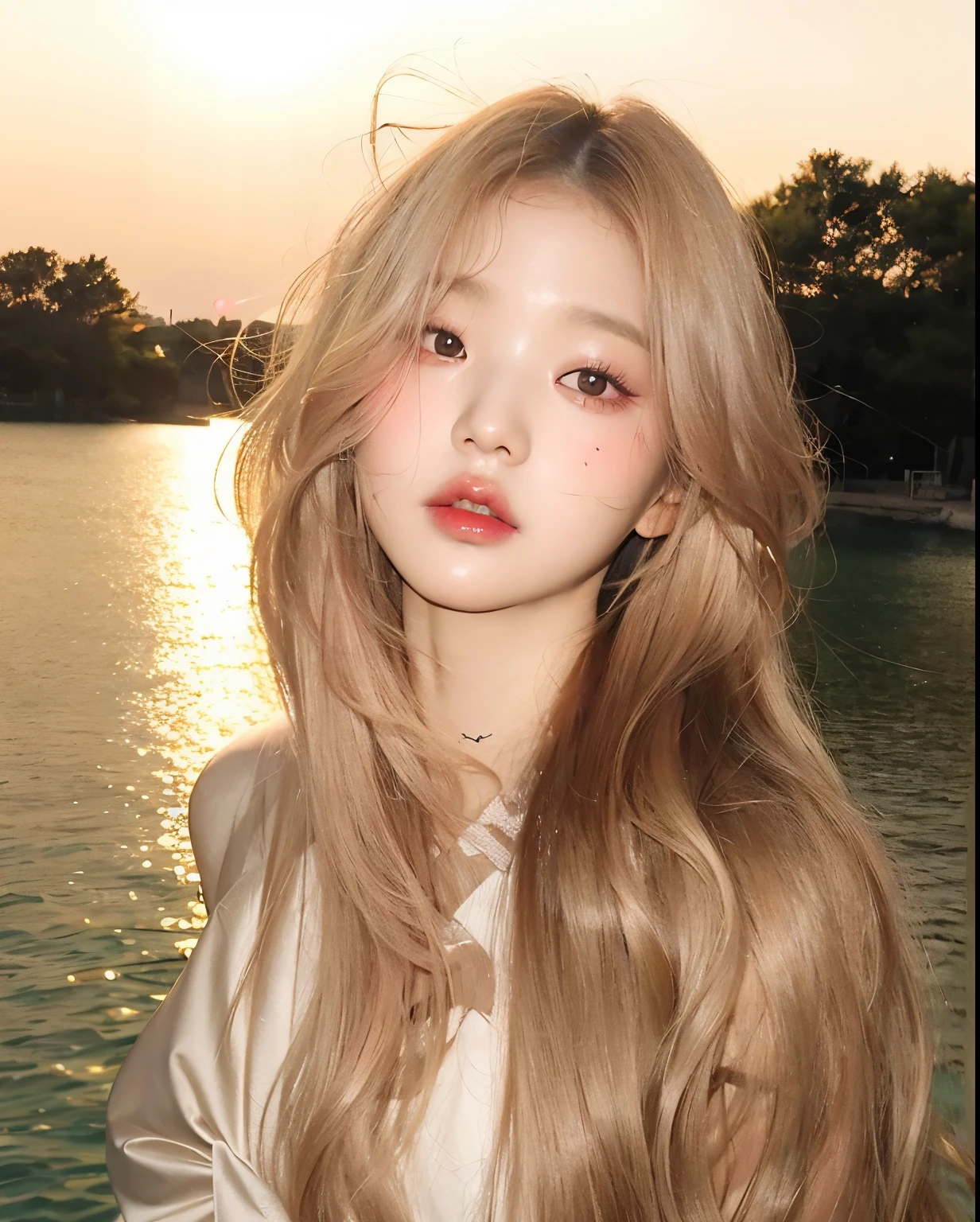 A close-up of a woman with long black hair, Wonyoung de IVE, Portrait of Wonyoung from IVE, Wonyoung de IVE, Jang Wonyoung de IVE, South Korean popular makeup, Wonyoung de IVE, Retrato Wonyoung IVE, Pastel pink skin tone, Wonyoung de IVE, popular korean makeup