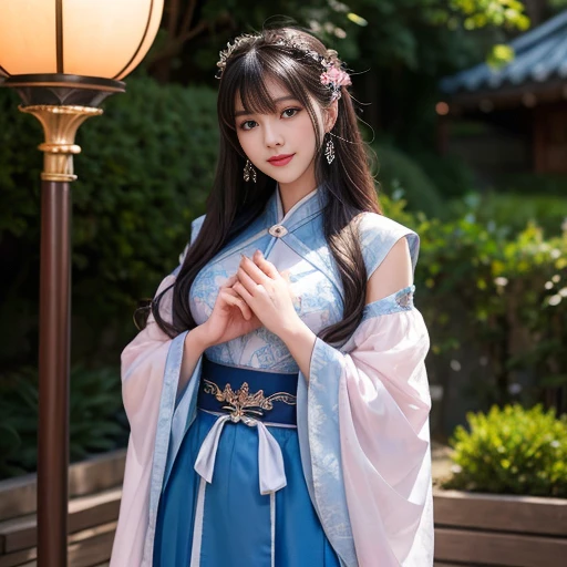 best quality, Delicate face,beautiful visual work, lifelike, eternity, black hair, Long curly hair, blunt bangs, Smile, Detailed Background, Delicate face,pink blush,cold,((masterpiece))、(top quality)、8k、high detail、Super detailed,21 years old female,Wearing wide-sleeved Tang Dynasty Hanfu、Clothes made of chiffon,Transparent sleeves, Seductive and whimsical style、masterpiece、born、Scenes resembling fairy tale illustrations、intricate details和複雜的設計、Beautifully、magic、capricious、 Beautifully、Dream aesthetics、「𝓡𝓸𝓶𝓪𝓷𝓽𝓲𝓬、ethereal、charming、fickle、magic」、realism、Visual effects、FXAA、SSAO、Shader、voiceless、ambient lighting、Tone mapping、High resolution、Ultra high quality、Million pixels、(8K resolution:1.10)、8k、8k以下、8K resolution、high detail、intricate details, (high quality:1.2、masterpiece:1.2、:1.21)、(21 years old female:1.21)、(興奮地Smile)、(Surrounded by a dreamy atmosphere、Model diagram,full-body shot,Normal 2 feet,Don't show your fingers,Hands hidden in sleeves, The protrusion of the breast is visible when wearing clothes, Large Breasts, H cup chest, Landscape photos,full-body shot,Blue clothes