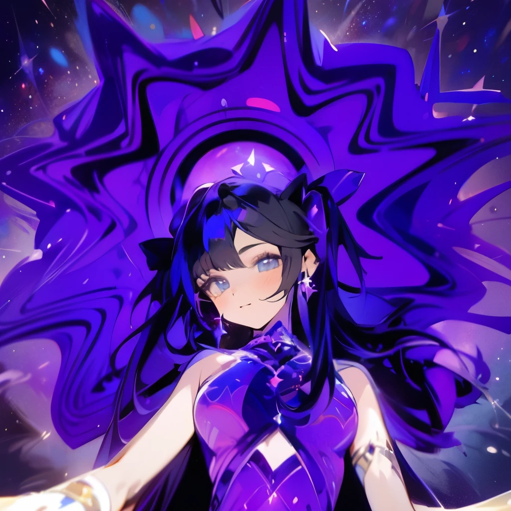 ((best quality:1.5)), ((detailed)), ((masterpiece)), ((detailed face)), (Mona from genshin impact)(A breathtaking anime-style portrait featuring a girl who is an ethereal cosmic being, posing iconically in the vast cosmos. Her detailed face is a canvas of tranquil beauty. Her skin is elegantly adorned with glowing constellations, seamlessly merging her form with the vast cosmos. Her long, flowing deep purple hair stylized in twintails that blend flawlessly with the starlit environment. She is dressed in a magnificent gown that mirrors the night sky, intricately woven with sparkling stars and swirling galaxies. A radiant, pulsating halo of purple light over her head, casting a mesmerizing glow that shifts through the spectrum of colors, captivating the viewer. The girl's attire is complemented by exquisite astrological accessories that glint against the dark cosmic backdrop. This captivating portrayal of a celestial entity is a testament to the artist's mastery in blending beauty, mysticism, and cosmic grandeur into a single, awe-inspiring visual narrative.)
