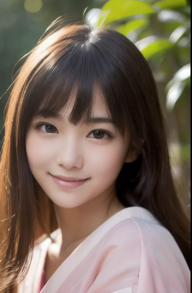 best quality, face focus, soft light, ultra high res, (photorealistic:1.4), RAW photo,(Shinozaki Ai), white skin, kawaii,
1 Japanese girl, solo, cute, (smile), (pupil, lights in the eyes), detailed beautiful face, Medium-sized breasts,(high resolution detail of human skin texture),(long hair),(portrait), pink traditional kimono, in the forest,