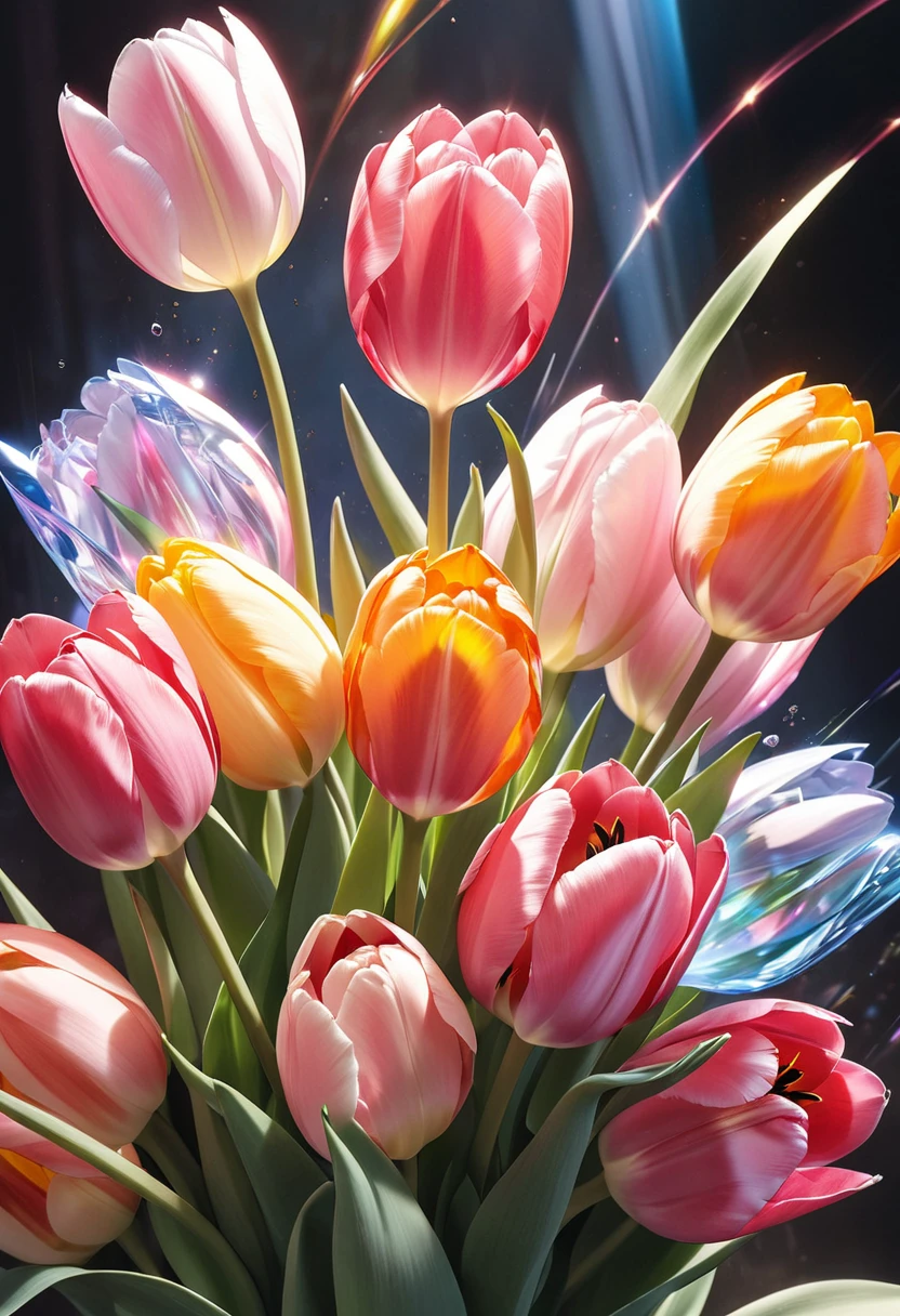  ( Anatomically perfect) Nobody A bouquet of pink transparent tulips close-up art masterpiece interweaving of light Tyndall effect shows the interweaving and interweaving of light，Their shapes and refraction of light evoke wonder and excitement。

                           Fantasy visual effects masterpiece, fair. lifelike, Master art masterpiece photo quality.Ultra high quality


                        

                      