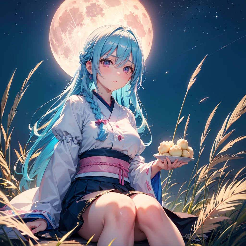 Sky blue hair, (1 braided hair), (Pink eyes),Fair skin) ,(whole body),(One Girl),(White sweet dumplings ),White round dumplings,Japanese pampas grass,(beautiful, Full moon shining in the night sky),(masterpiece, Highest quality, Very detailed, Best Shadow), (Detailed Background), (Beautifully detailed face), High Contrast, (Best lighting, Very delicate and beautiful), ((Cinematic Light)), colorful, Hyper Detail,8k, Dramatic Light, Intricate details,Sit down and eat dumplings