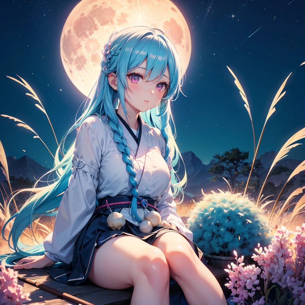 Sky blue hair, (1 braided hair), (Pink eyes),Fair skin) ,(whole body),(One Girl),(White sweet dumplings ),White round dumplings,Japanese pampas grass,(beautiful, Full moon shining in the night sky),(masterpiece, Highest quality, Very detailed, Best Shadow), (Detailed Background), (Beautifully detailed face), High Contrast, (Best lighting, Very delicate and beautiful), ((Cinematic Light)), colorful, Hyper Detail,8k, Dramatic Light, Intricate details,Sit down and eat dumplings
