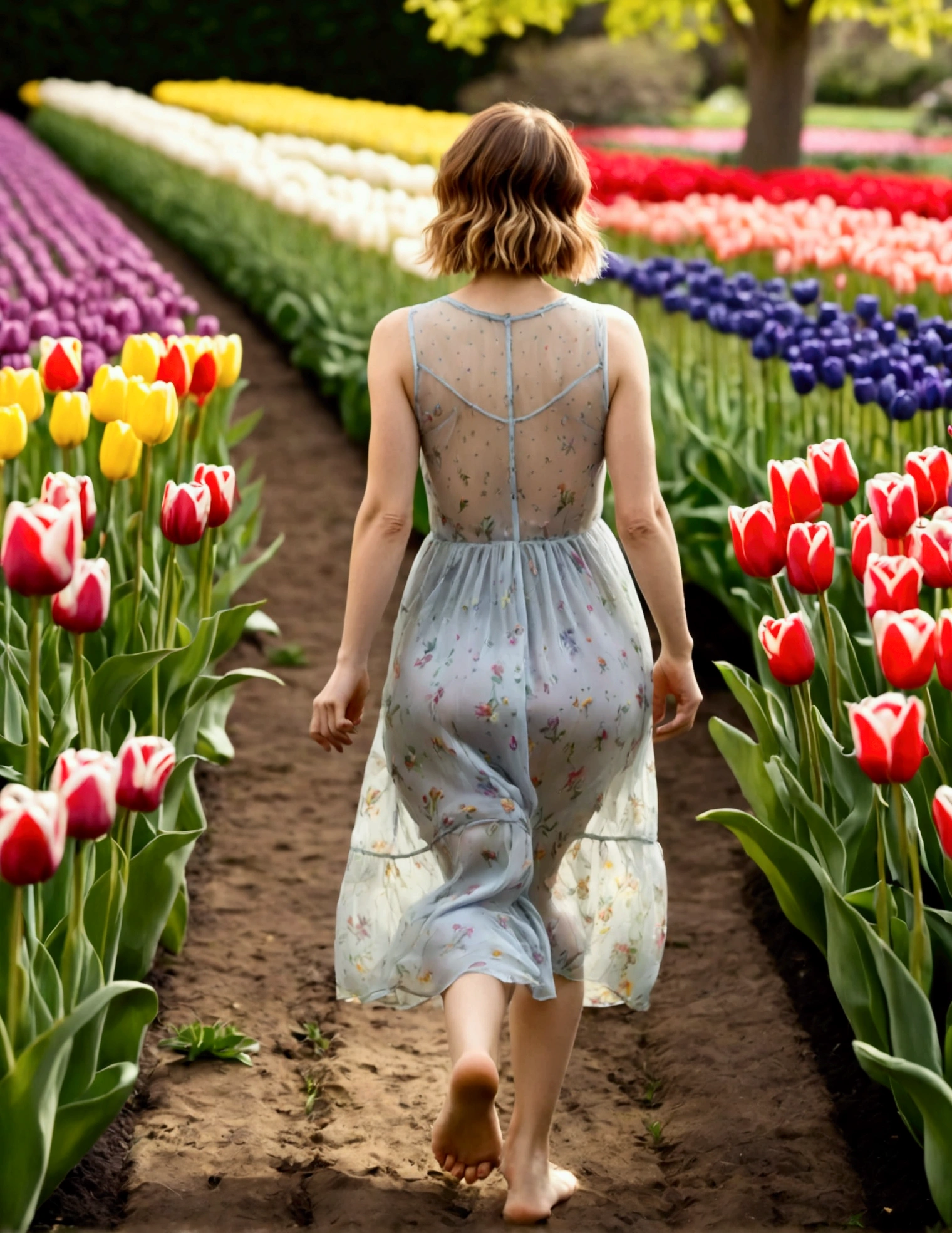 Kate Mara, age 25, sheer summer dress no underwear, barefoot, back to viewer, she is walking through a flower garden with many varieties of tulip, early morning