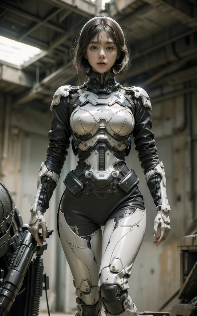 Ultra-high resolution,High-resolution details,reality,Outstanding,Jean Giraud, Wasteland of Doom, (woman, techwear is stylish and extremely beautiful:1.4),White tight mecha (Intricate details, masterpiece, best quality:1.4) , nicholmory style, Dystopian style, desolate, After the apocalypse, depressed, drama, Very detailed content, Looking at the audience, Holding heavy weapons in both hands,Without helmet,No hat,Dynamic poses, Dynamic camera angles,
