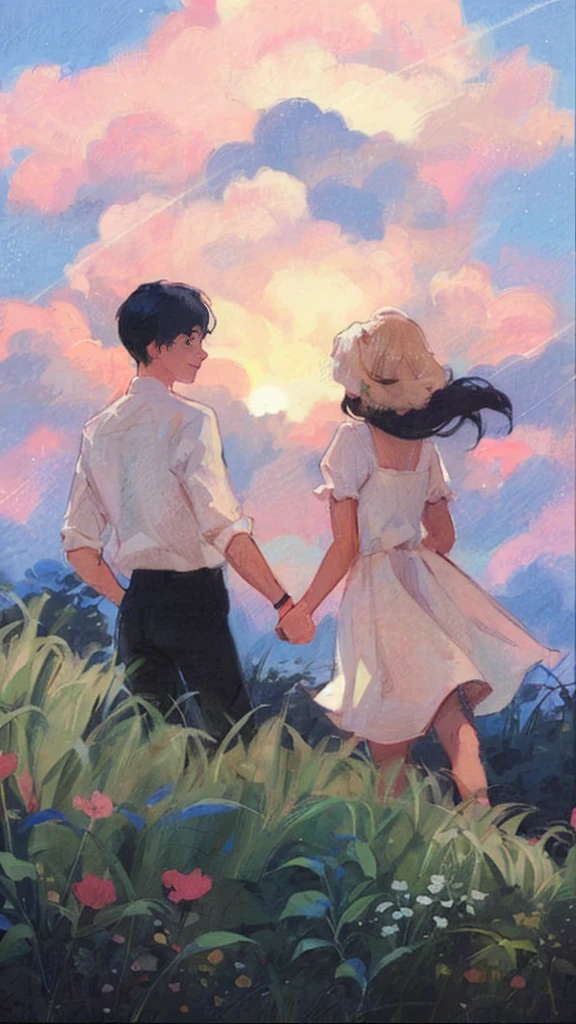 ((A field full of white flowers)),Illustration of a couple walking through a flower field, I love the concept art, Lovely couple, Romantic Photography, Beautiful photos of friends, Romantic couple, Ghibli and Ilya Kuvshinov, Ghibli Anime Style, Beautiful painting style, Pastel drawing, Landscapes by Ilya Kuvshinov, sakimichan and makoto shinkai, trending on artstration, Sunset sky