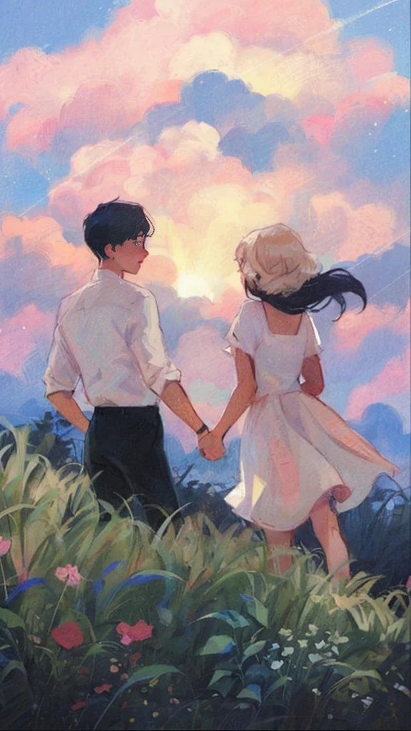 ((A field full of white flowers)),Illustration of a couple walking through a flower field, I love the concept art, Lovely couple, Romantic Photography, Beautiful photos of friends, Romantic couple, Ghibli and Ilya Kuvshinov, Ghibli Anime Style, Beautiful painting style, Pastel drawing, Landscapes by Ilya Kuvshinov, sakimichan and makoto shinkai, trending on artstration, Sunset sky