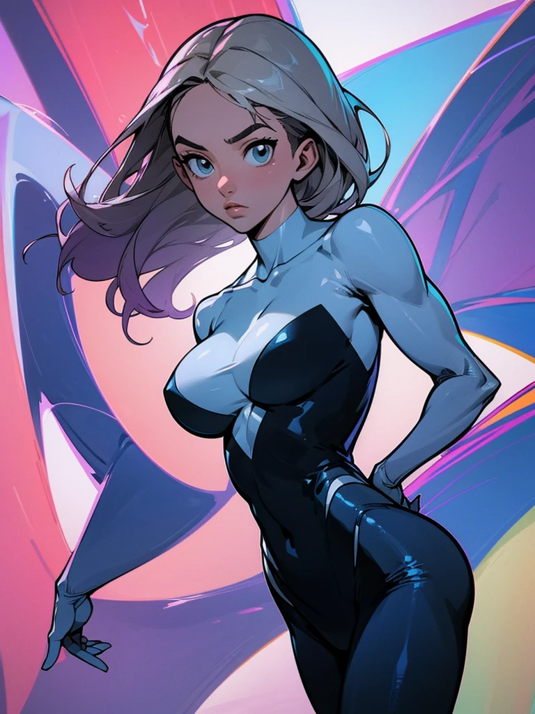 Gwen in the x-men in her new spider x-men suit,Solo, High Resolution, Masterpiece, Best Quality, High Details, High Quality, Large breasts, adult woman, character reference character sheet, x-Men logo on the suit 
￼
￼