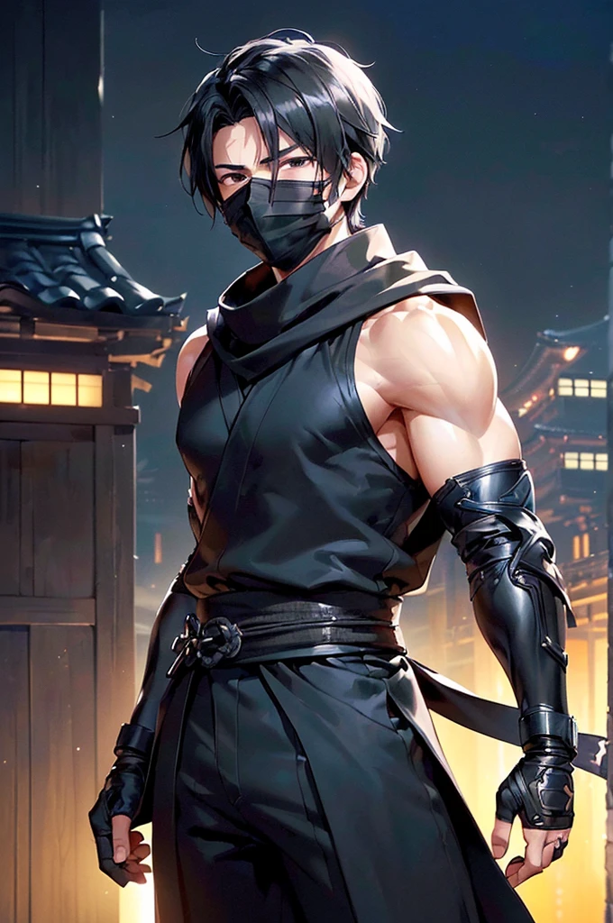 (((masterpiece; best quality: 1.2))), (finely detailed eyes: 1.3), ((1 young man)), ((solo)), (black eyes: 1.4), (body shape; lean, masculine: 1.3), (very short black hair: 1.3), (beautiful and clear background: 1.2), ((depth of field)), (equipment: black shinobi clothing + fully covered + black kimono + black pants + black scarf + black hood-and-mask +  black bracers + black fingerless gloves: 1.3), (anime illustration: 1.2), (background composition; old japanese mansion + night: 1.1), (extremely fine and handsome: 1.1), (shot composition; standing + centered on torso + close-up: 1.5), (facial expression; calm, stoic: 1.2)