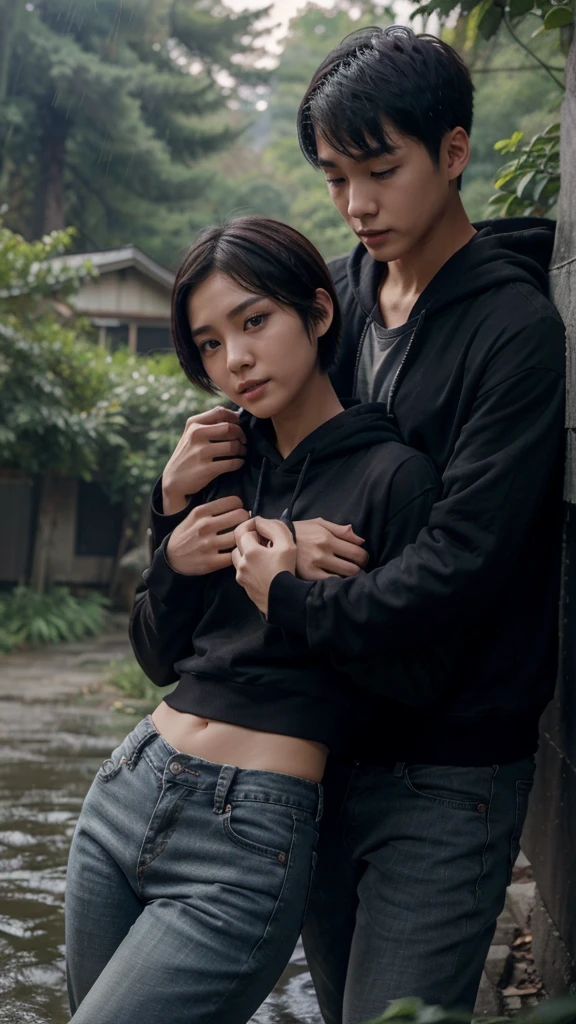 create image of short haired attractive korean girl n boy wearing a black Hoodie and short jeans pants , on a mission to infiltrate enemy operation base together, they are leaning on each other back and watching each other , setting in dense forest , heavy rain