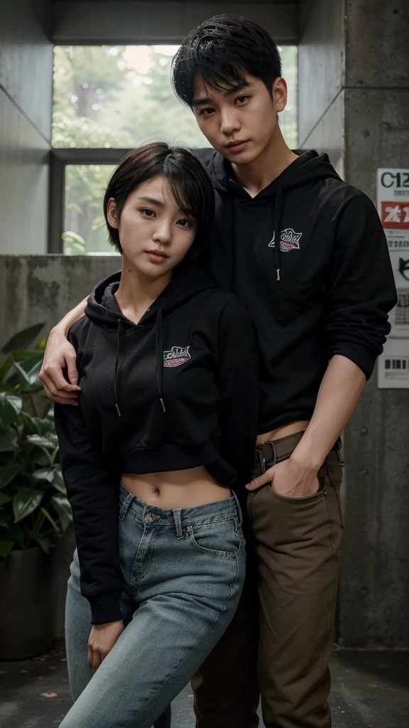 create image of short haired attractive korean girl n boy wearing a black Hoodie and short jeans pants , on a mission to infiltrate enemy operation base together, they are leaning on each other back and watching each other , setting in dense forest , heavy rain