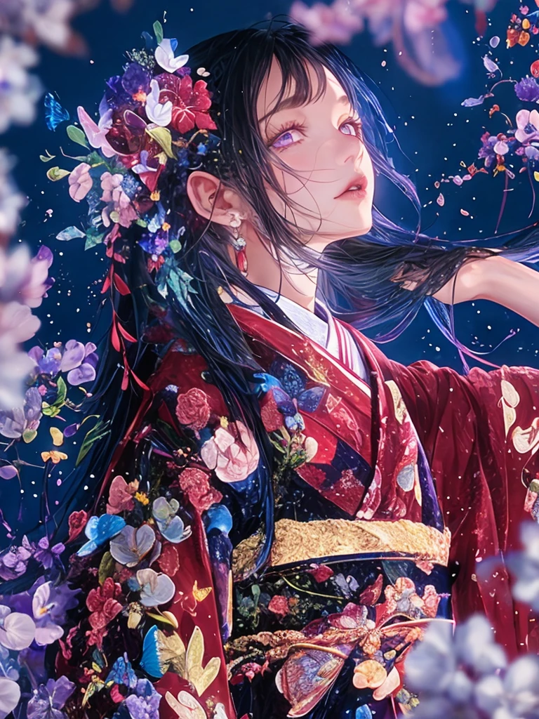 (best impact:1.4), (Maximalism:1.3), (vivid contrast), (Ultra-luxurious light:1.2), (diffuse reflection:1.3), (high speed shutter, motion blur), (HDR, unity 8k wallpaper, extremely detailed CG, ultra highres), BREAK (1girl, solo:1.5), (white silver hair, deep blue dress:1.4), (elf ears:1.4), (violet eyes:1.6), (blue flowers:1.5), (butterflies:1.4), (lush flower garden:1.2), (urban:1.2), BREAK (realistic), super realistic illustration, highres, ultra detailed, absurdres, (Fantastic scenery in richly coloured:1.4), BREAK (very wide:1.3), (panorama view:1.1), (sense of depth:1.5), (long shot:1.3), (magnificent view:1.3), (wind:1.4),