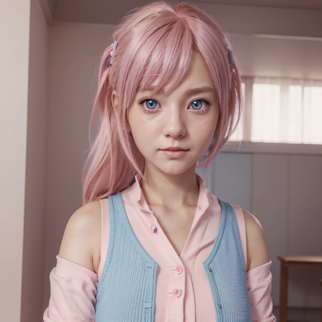 anime girl with pink hair and blue eyes weaalsog a vest, April render, Sayori, closeup of another iwakura, 8k portrait rendering, render of a cute 3d anime girl, photorealistic render of anime girl, soft anime cg art, closeup of a young anime girl, visual anime of a cute girl, also, Moe anime art style