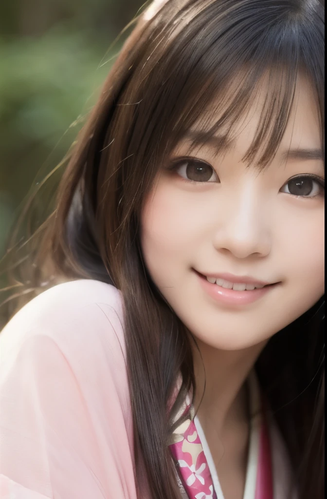 best quality, face focus, soft light, ultra high res, (photorealistic:1.4), RAW photo,(Shinozaki Ai), white skin, kawaii,
1 Japanese girl, solo, cute, (smile), (pupil, lights in the eyes), detailed beautiful face, Medium-sized breasts,(high resolution detail of human skin texture),(long hair),(portrait), pink traditional kimono, in the forest,