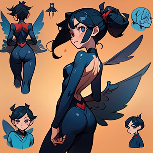  girl whith an angular face  with dark blue almond-shaped eyes

Long black hair, usually in two ponytails 

Body Slim, athletic figure. Medium-toned skin. Reflects dynamism and energy.


Dressed in ligth red and dark blue erotic bunny suit  and with fairy wings 

(((character sheet))) ((various views)) ((front and back) (Face detail) (full body)