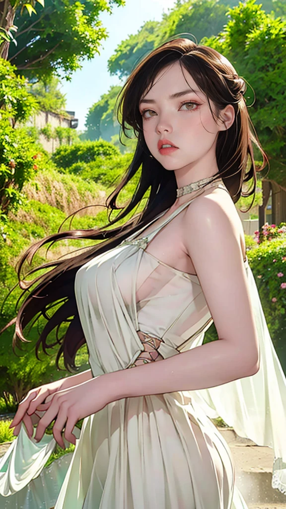 a beautiful woman with emerald green eyes, flowing black hair, wearing a stunning white wedding dress, standing in a lush garden setting, joyful and radiant expression, (best quality,4k,8k,highres,masterpiece:1.2),ultra-detailed,(realistic,photorealistic,photo-realistic:1.37),intricate details,elegant,soft lighting,warm tones,romantic,picturesque landscape,cinematic composition