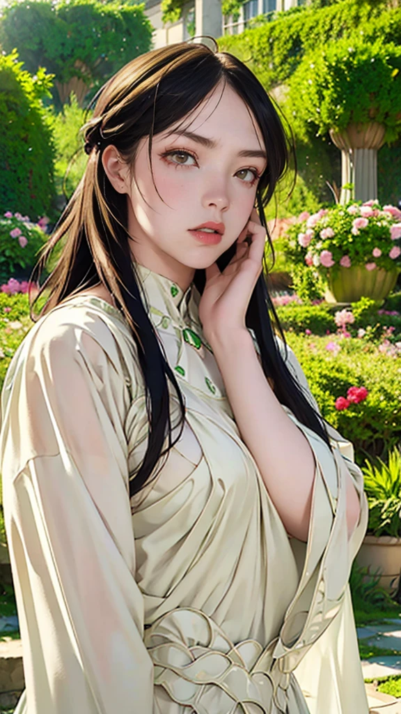 a beautiful woman with emerald green eyes, flowing black hair, wearing a stunning white wedding dress, standing in a lush garden setting, joyful and radiant expression, (best quality,4k,8k,highres,masterpiece:1.2),ultra-detailed,(realistic,photorealistic,photo-realistic:1.37),intricate details,elegant,soft lighting,warm tones,romantic,picturesque landscape,cinematic composition