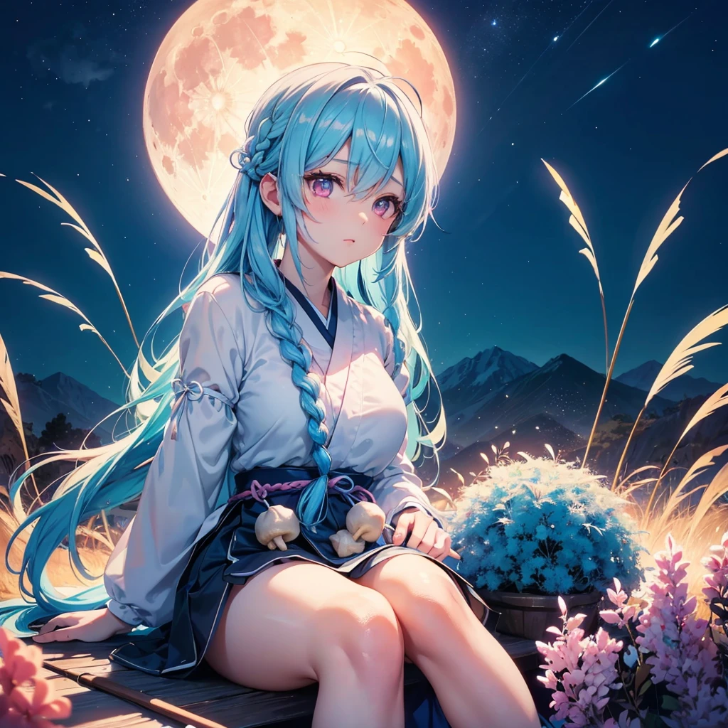 Sky blue hair, (1 braided hair), (Pink eyes),Fair skin)  ,(whole body),(One Girl),(White sweet dumplings ),White round dumplings,Japanese pampas grass,(beautiful, Full moon shining in the night sky),(masterpiece, Highest quality, Very detailed, Best Shadow), (Detailed Background), (Beautifully detailed face), High Contrast, (Best lighting, Very delicate and beautiful), ((Cinematic Light)), colorful, Hyper Detail,8k, Dramatic Light, Intricate details,Sit down and eat dumplings