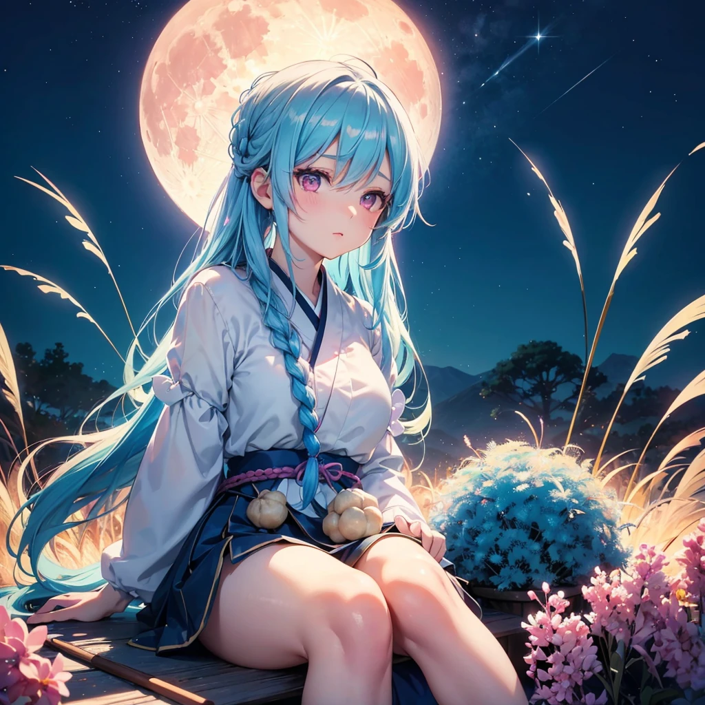 Sky blue hair, (1 braided hair), (Pink eyes),Fair skin) ,(whole body),(One Girl),(White sweet dumplings ),White round dumplings,Japanese pampas grass,(beautiful, Full moon shining in the night sky),(masterpiece, Highest quality, Very detailed, Best Shadow), (Detailed Background), (Beautifully detailed face), High Contrast, (Best lighting, Very delicate and beautiful), ((Cinematic Light)), colorful, Hyper Detail,8k, Dramatic Light, Intricate details,Sit down and eat dumplings