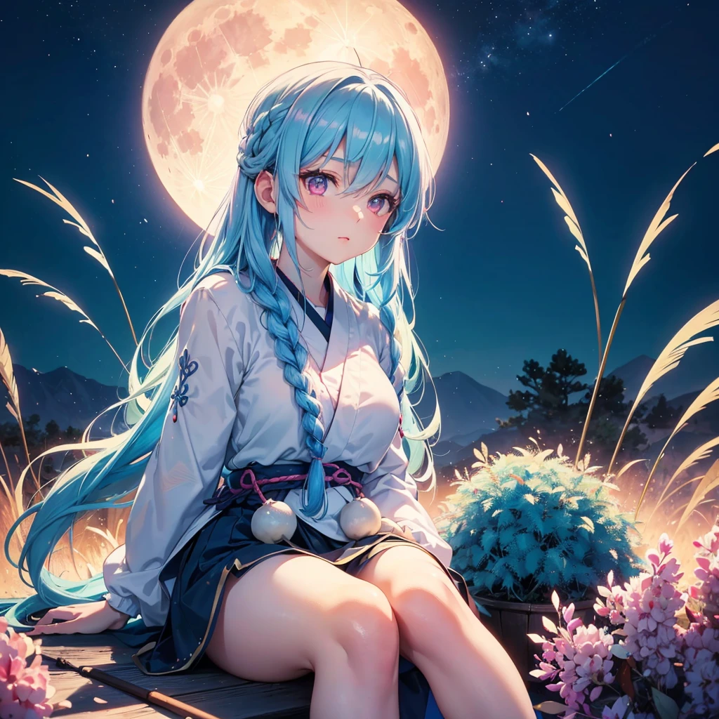 Sky blue hair, (1 braided hair), (Pink eyes),Fair skin) ,(whole body),(One Girl),(White sweet dumplings ),White round dumplings,Japanese pampas grass,(beautiful, Full moon shining in the night sky),(masterpiece, Highest quality, Very detailed, Best Shadow), (Detailed Background), (Beautifully detailed face), High Contrast, (Best lighting, Very delicate and beautiful), ((Cinematic Light)), colorful, Hyper Detail,8k, Dramatic Light, Intricate details,Sit down and eat dumplings