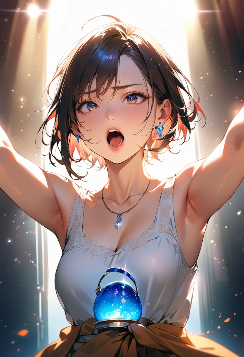 masterpiece, Highest quality, (((Eating shaved ice makes me feel refreshed)))、(((I shut my eyes tightly and scream in pain)))、Raising awareness, Sax Blue, プラチナEarrings, Platinum Necklace, White Dress, One Girl, cute, (Dynamic Lighting:1.2), Cinema Lighting, Delicate facial features, Detailed eyes, Sharp pupils, Realistic student, Written boundary depth, ボケ Written boundary depth, Sharp focus, (Very detailed, bloom, Shine:1.4), Lots of little gems, (((short_hair))), Twin tails、Earrings、分けた前hair、銀hair、Upper Body、Ultra close-up footage、She wears a see-through tank top.The top is transparent up to the chest.、See-through design。ボトムスは非常にshortネイビーブルーのプリーツスカートで、Fits snugly around the waist。The background is simple white.、this、The text is easier to see.。The light source is a soft light from the front....、The overall atmosphere is bright and clean....。