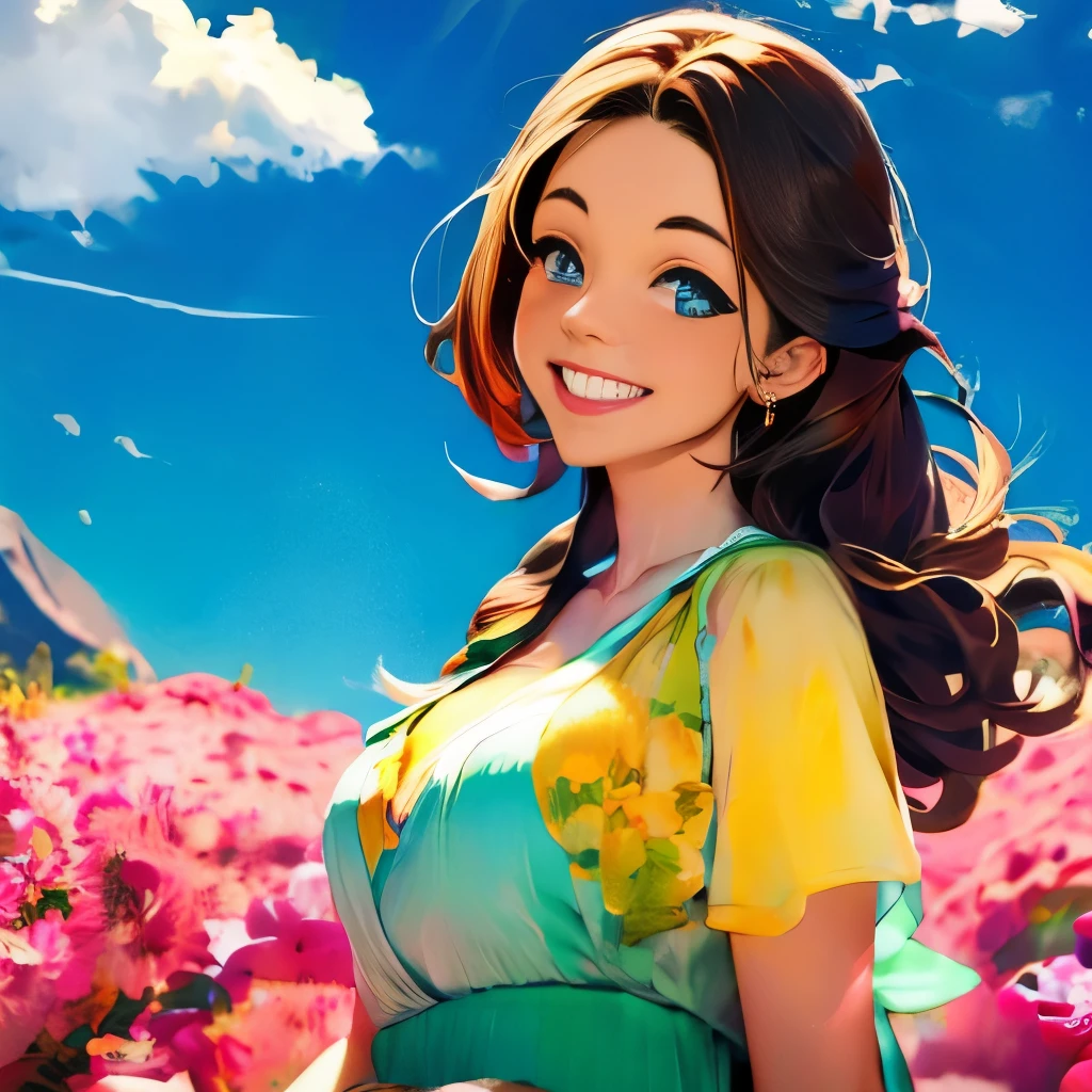 masterpiece, best quality, spring outfit, colorful hair,  outdoor,cloud ,upper body,