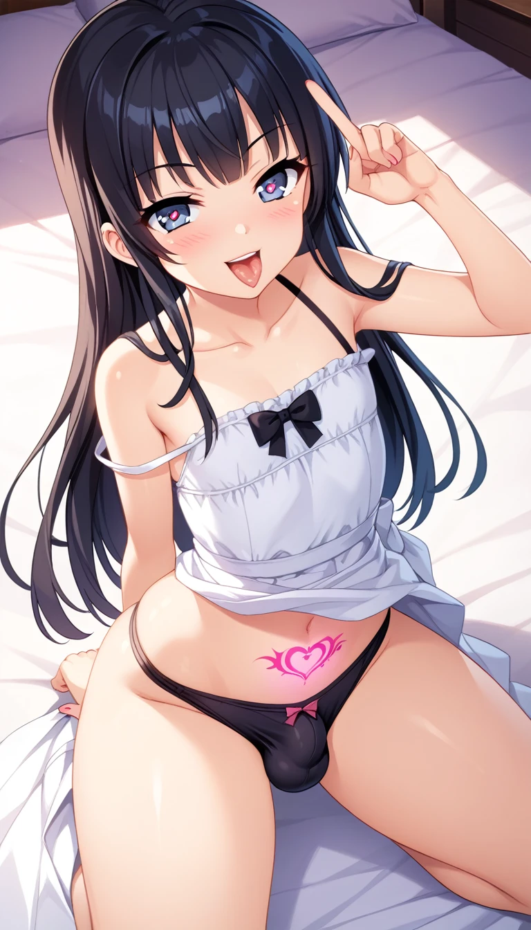 One boy, Neat, futanari, Vulgar underwear, Fuck sign, Fuck gesture, Middle finger, Vulgar gestures, sexual gesture, Sexual appeal, tattoo, Lewd Emblem, bulge between the legs, , Young girl, mesugaki, Mesgaquismiles, White Dress, Neat, Black Hair, Long Hair, Flat Chest, Big Ass, Thick thighs, teasing, Naughty Looks, Heart Eyes, Vulgar underwear, Fellatio gestures, Fuck sign, Fuck gesture, Middle finger, Vulgar gestures, sexual gesture, Sexual appeal, He points to his crotch., tattoo, Lewd Emblem, Neat, Point crotch, Focus on the girl, Glowing Skin, Oily skin, gravure, pin up, Junior idol, sound, clothing, Active, Date,  masterpiece:2, 最high quality, high quality, Very detailed, Ultra-high resolution, Ultra-high resolution, Beautiful details, Dynamic Angle, Perfect lighting, 8k, Animation Style,  Manga style, Game CG, 