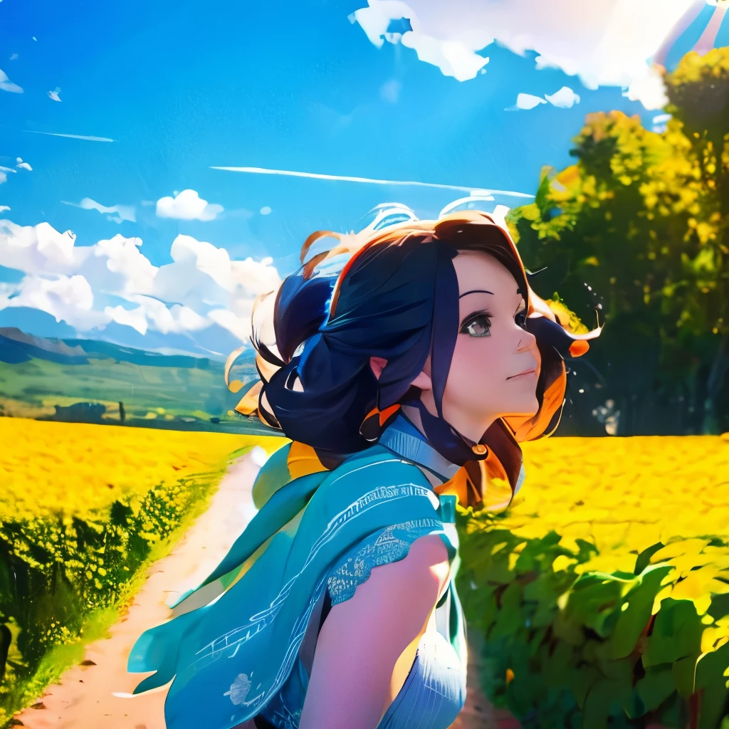 masterpiece, best quality, spring outfit, colorful hair,  outdoor,cloud ,upper body,