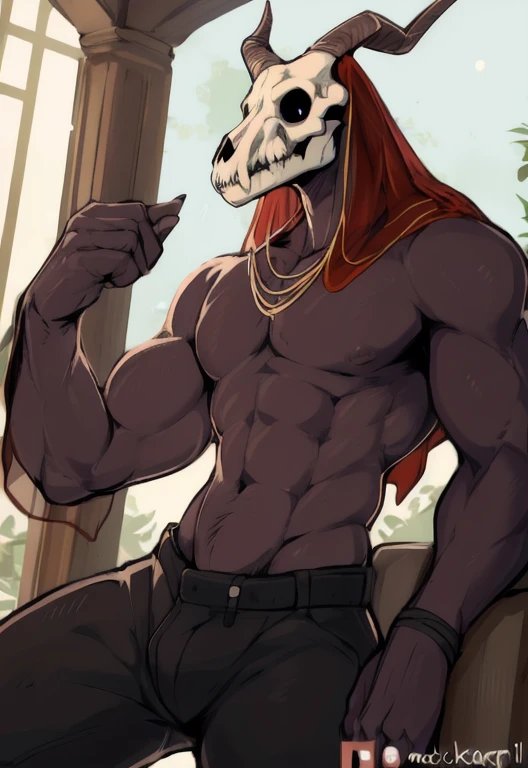 (by zackary911, anime) anthropomorphic, solo, human anatomy, skinny muscles, lean, fit body, naked, nude, abs, biceps, adult, tall, mature, anthro, lean, anime, (elias ainsworth, shirtless, pants, veil, horns, skull mask, canine skull)