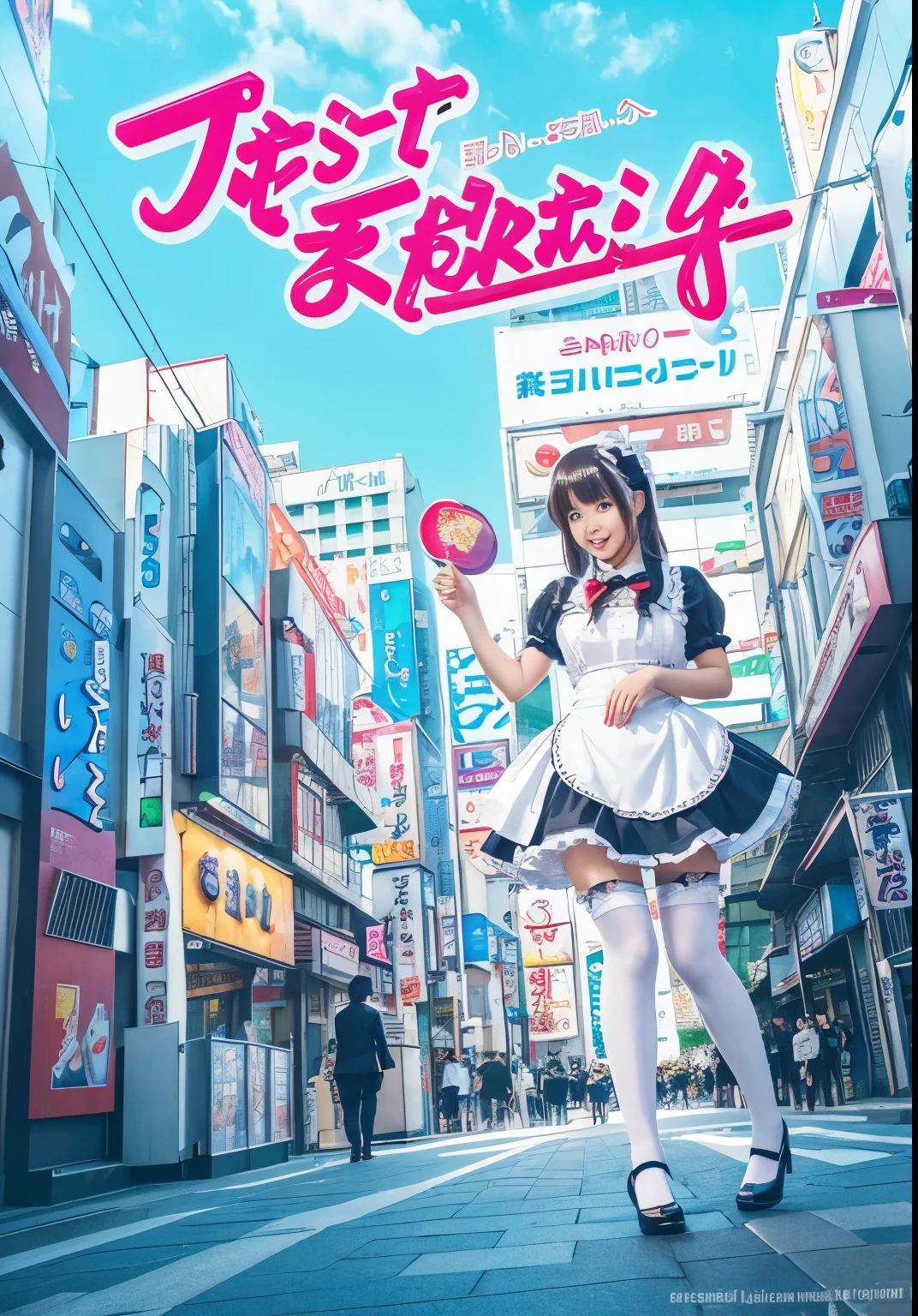 (Best quality, 8k, 32k, Masterpiece, UHD:1.2) "Create an image of a cheerful French maid standing in the vibrant streets of Akihabara, Tokyo. She is dressed in a classic maid outfit, complete with a black dress, white apron, lace headband, and stockings. The maid is holding a colorful flyer, energetically promoting her maid cafe. The bustling Akihabara street around her is filled with bright neon signs, anime posters, and electronic store displays, capturing the unique and lively atmosphere of this famous district. The background should highlight the eclectic mix of modernity and otaku culture that Akihabara is known for. The overall scene should be lively and inviting, emphasizing the charm and excitement of the maid cafe experience."